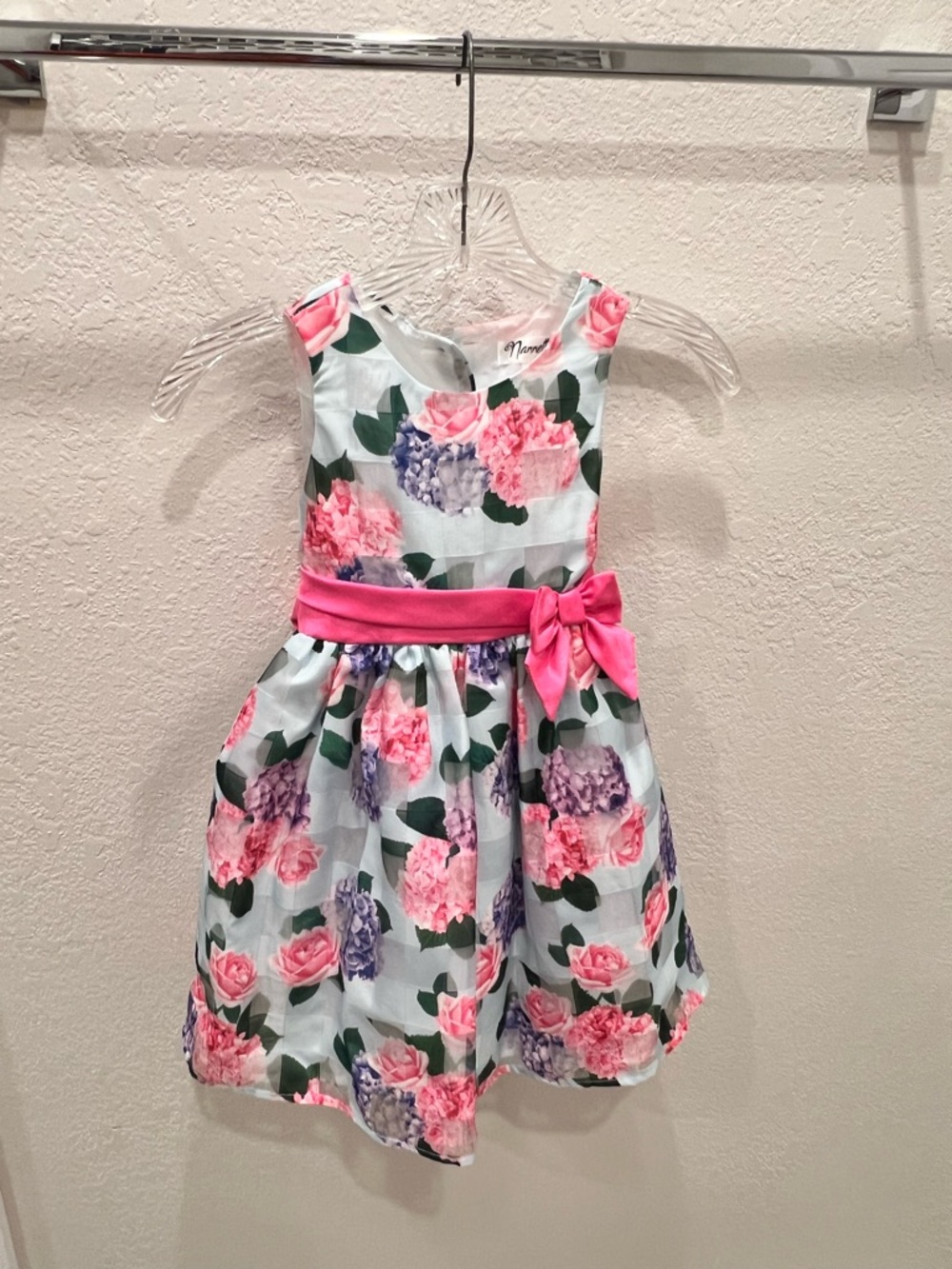 Nannette White Floral Girl Dress with Pink Waist Bow